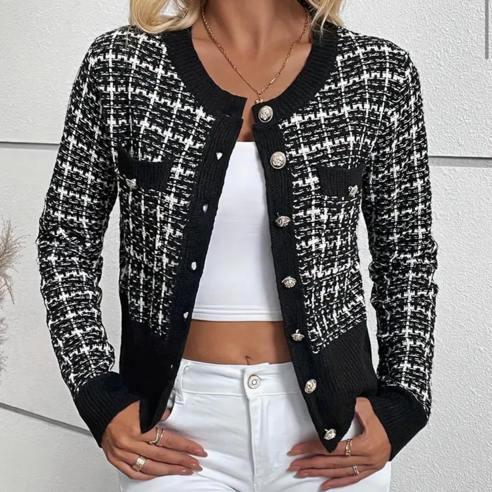 182. Plaid Pattern Button Front Cardigan, Elegant Color Block Long Sleeve - Picture 2 of 3